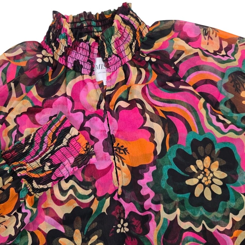 MISA Los Angeles Womens S Blouse Multicolor Floral Psychedelic Smocked Sheer
